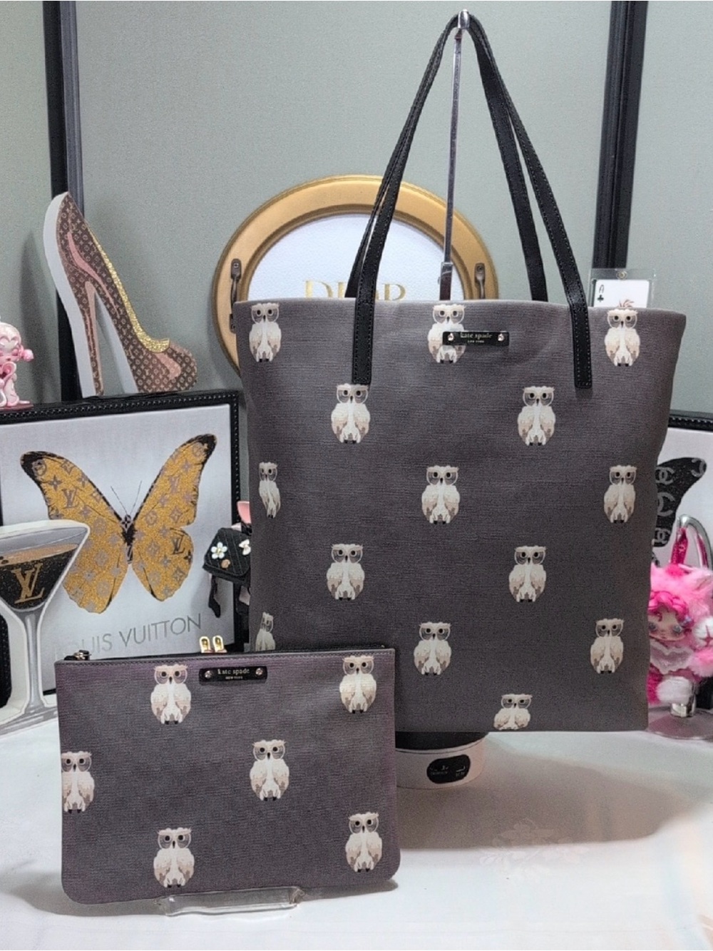 Kate Spade RARE Daycation Painterly Owl Tote & Large Zip Pouch Gray Black -  EUC
